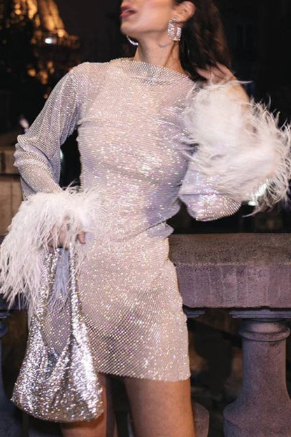 Rhinestone Feather Sleeve Bodycon Dress