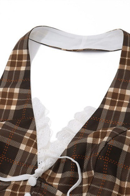 Sexy Plaid Lace Trim Halter Halter Top
