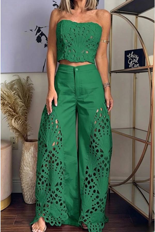 Sienna Embroidered Cut-Out Palazzo Pants Two-Piece Set