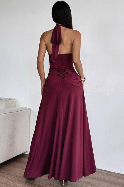 Deep V Backless Halter Ruched Formal Dress