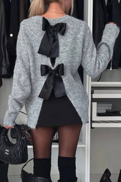 Bow Slit Back Round Neck Sweater