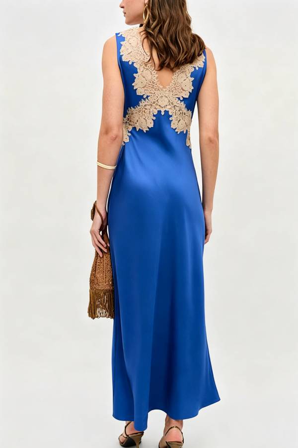 A Little Sultry Satin Floral Lace Trim V-neck Sleeveless Drape Maxi Dress