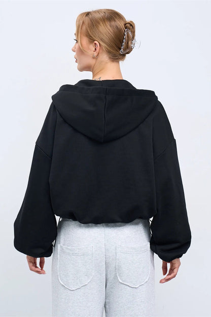Cropped Fleece Zip Adjustable Waist Hoodie