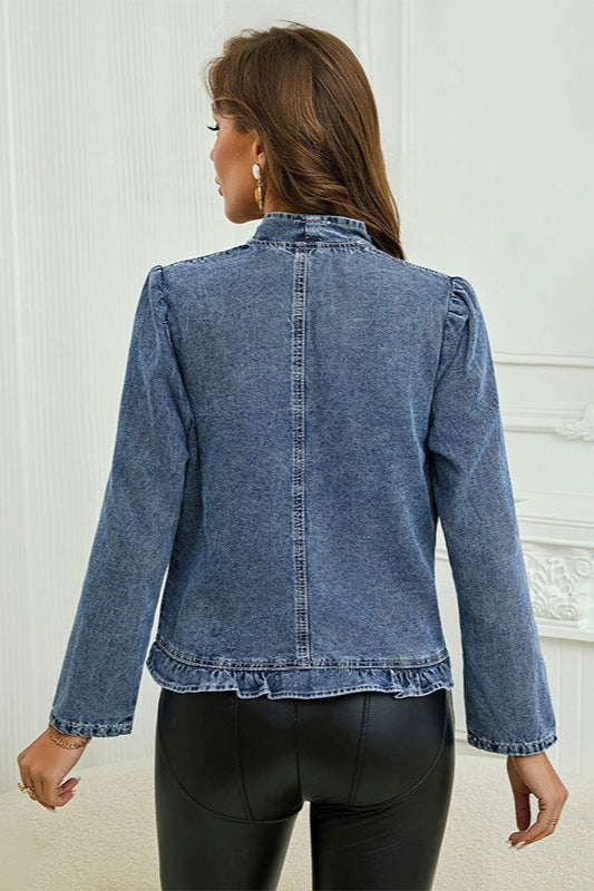 Ruffle Trim Fitted Denim Jacket