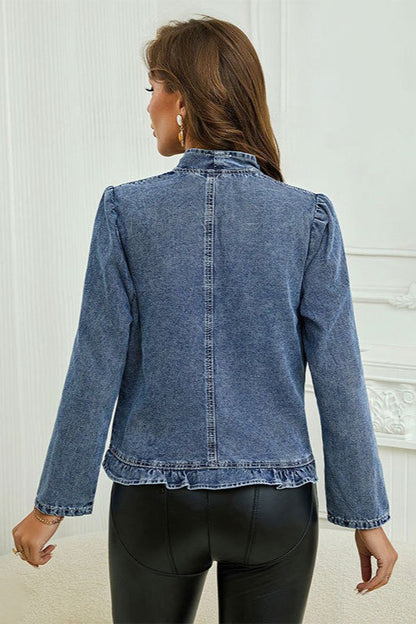 Ruffle Trim Fitted Denim Jacket