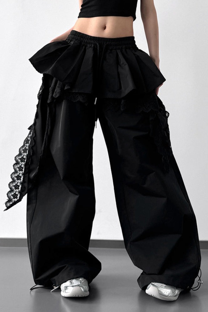Lace Skirt Hem Trim Wide Leg Casual Pants