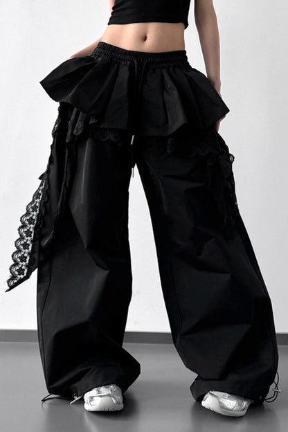 Lace Skirt Hem Trim Wide Leg Casual Pants
