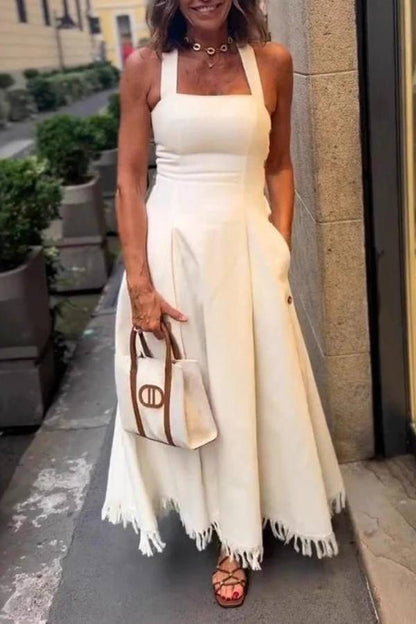 Halter Square Neck Side Button Fringe Flare Maxi Dress