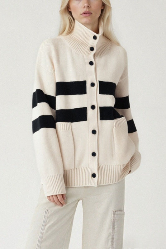 High Neck Color Block Stripe Cardigan