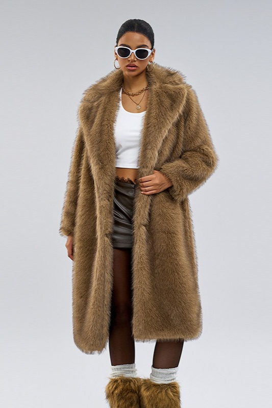 Notched Lapel Faux Fur Long Extended Overcoat