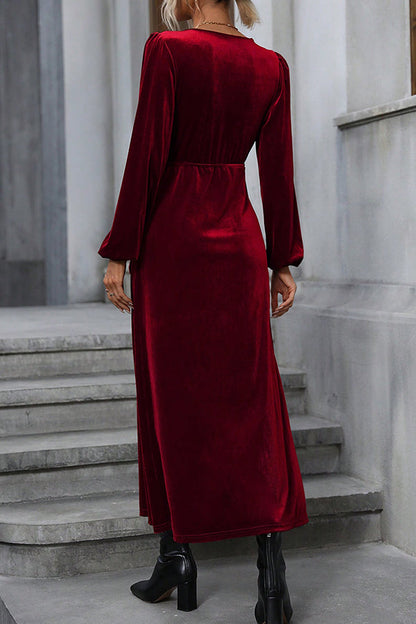 Velvet Wrap Deep V-Neck Bishop Sleeve Tie Waist High Split Maxi Dress