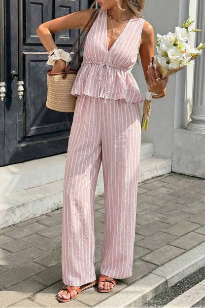 Resort Striped V-Neck Waisted Sleeveless Top & Wide-Leg Pants Set