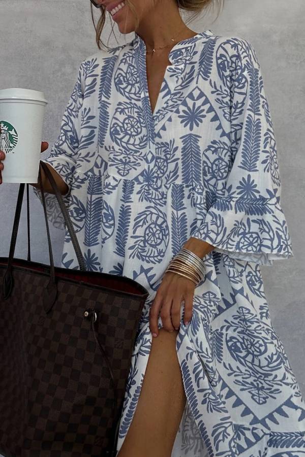 Bohemian Floral Print Stand Collar V-Neck 3/4 Sleeve A-Line Dress