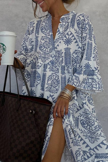Bohemian Floral Print Stand Collar V-Neck 3/4 Sleeve A-Line Dress