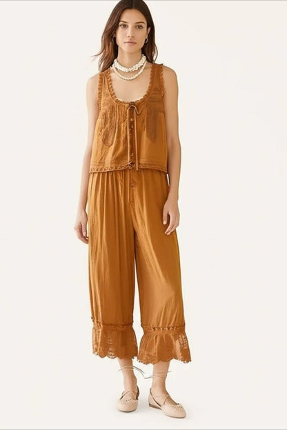 Patchwork Lace Sleeveless Top Boho Pants Set