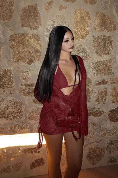 Solid Tie Lace Long Sleeve Skirt Two Piece Set
