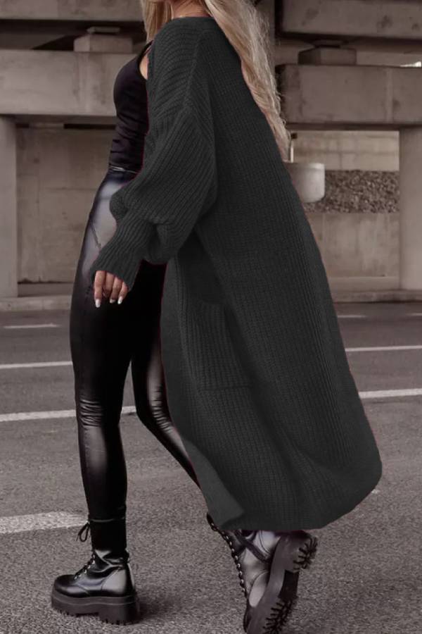 Lantern sleeve loose long knit cardigan