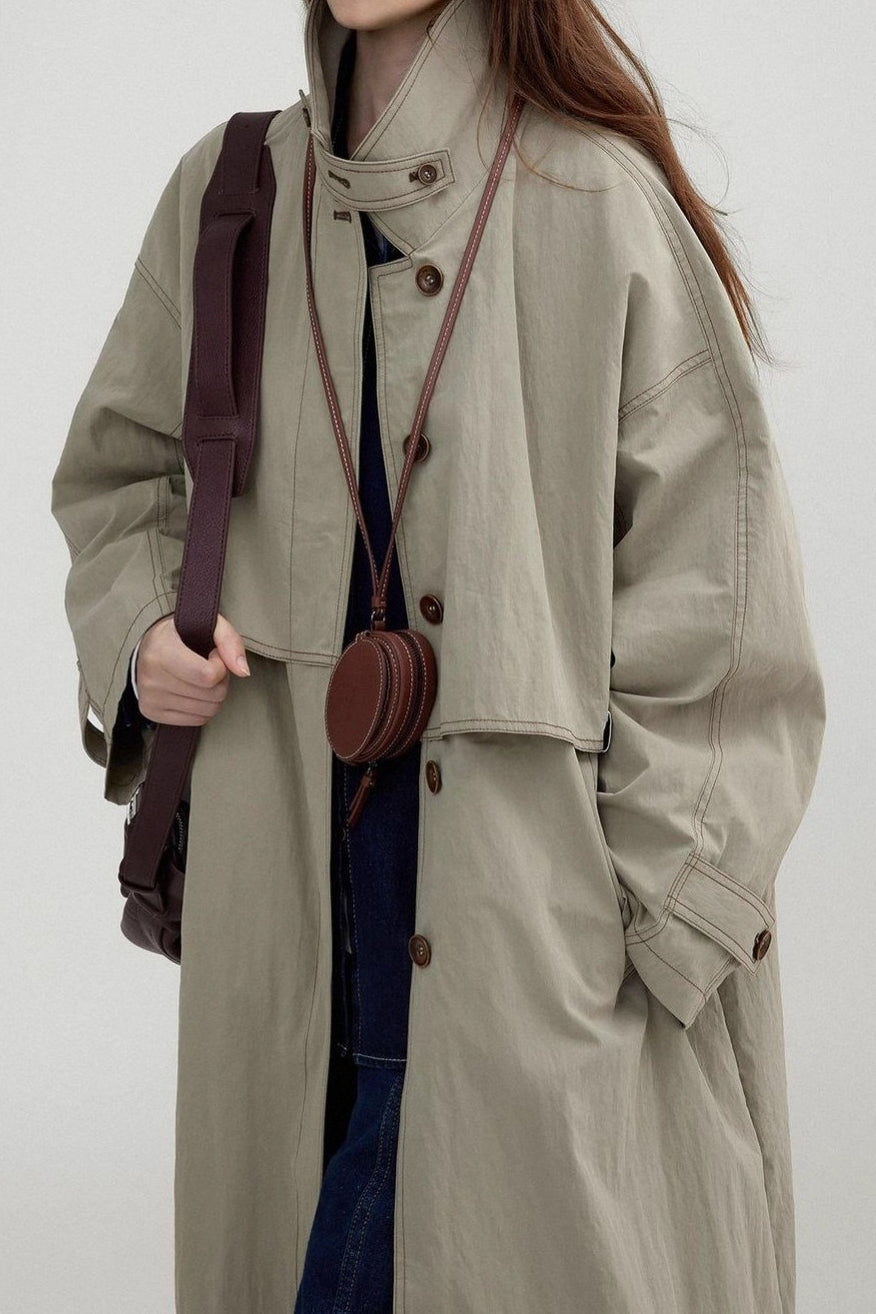 Vintage Stand Collar Wash Long Overcoat
