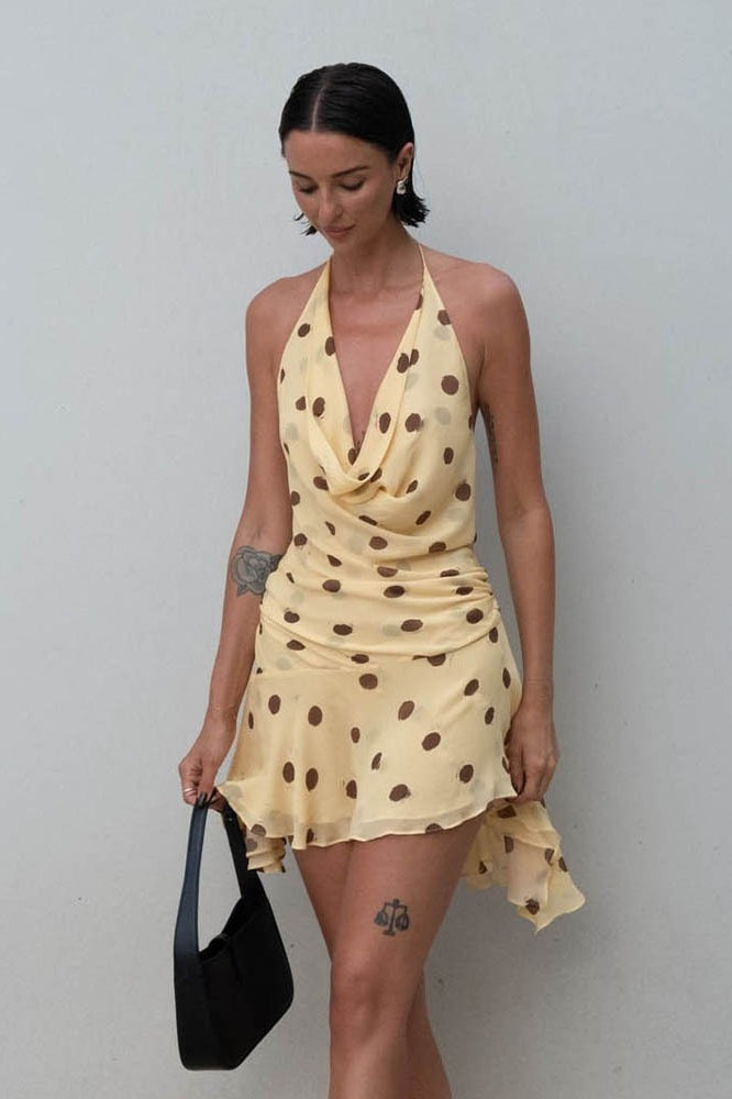 Polka Dot Chiffon Halter Mini Dress