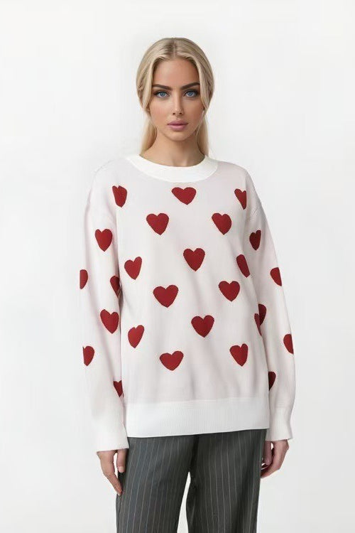 Round Neck Heart Knit Sweater