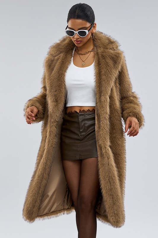 Notched Lapel Faux Fur Long Extended Overcoat