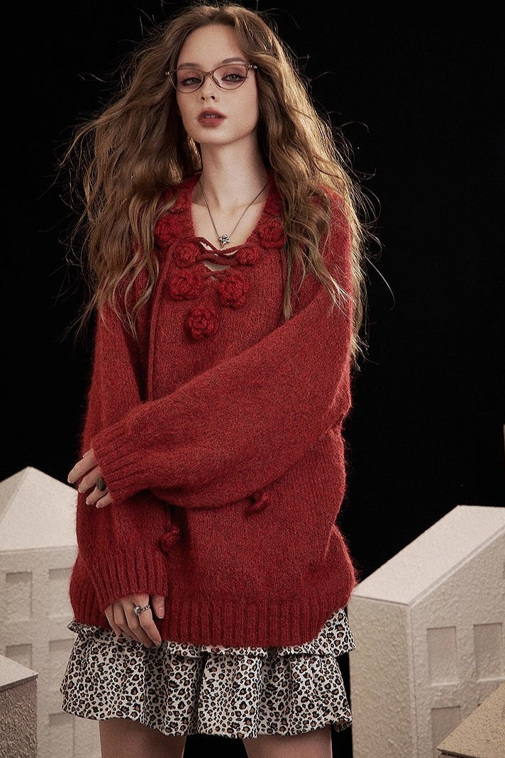 Embroidered Rose V Neck Knit Sweater
