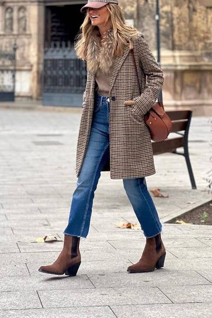 Brown plaid wool suit collar coat