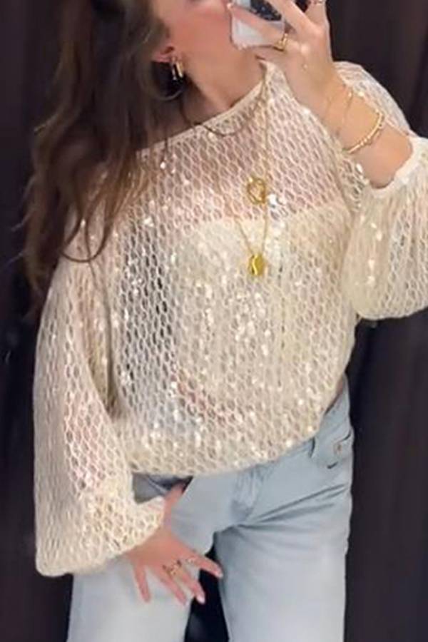 Shimmering Sequin Openwork Lantern Sleeve Blouse