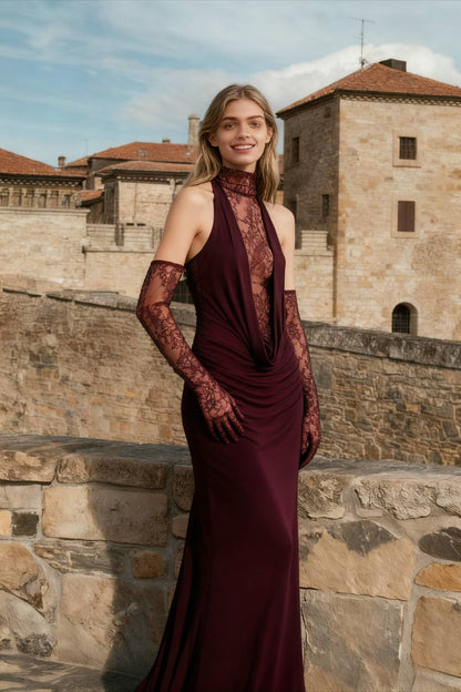 Lace Patchwork Deep V Ruched Prom Dress