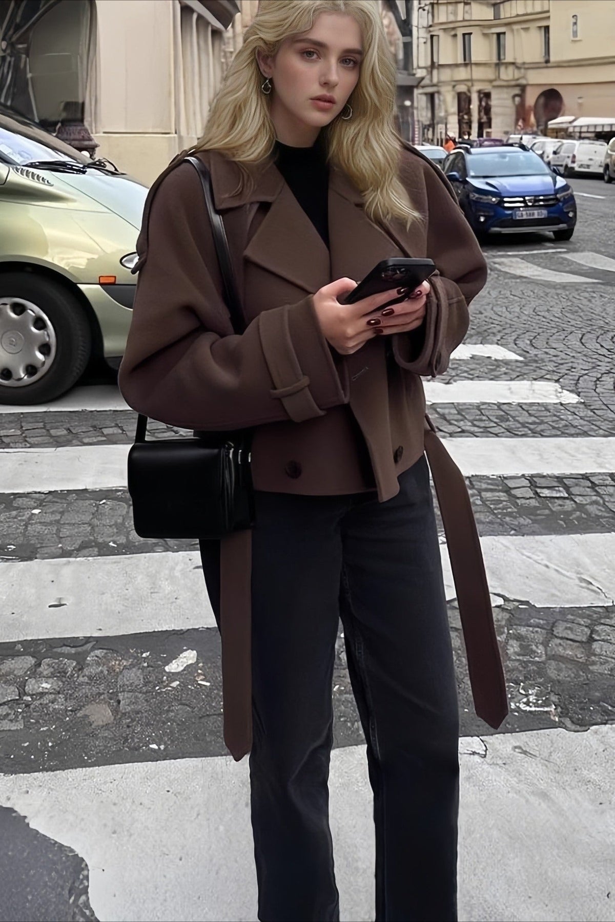 Wide Lapel Belted Cropped Wool Coat