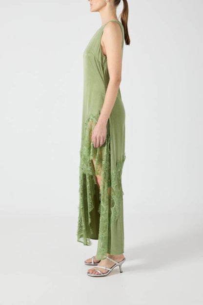Pretty Soul Satin Lace Trim Wide Neck Irregular Hem Slit Maxi Dress