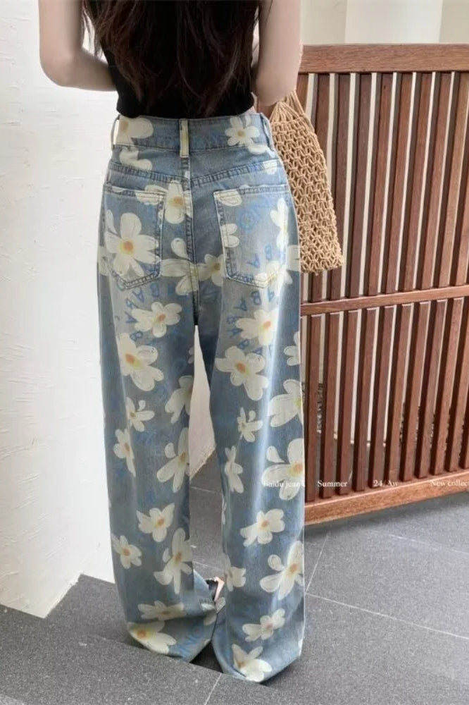 Washed Floral Print Baggy Jeans