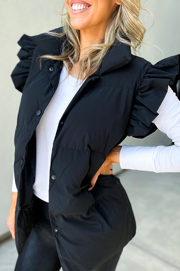 Casual stand-up collar, buttoned double pockets, flying ruffled sleeves vest