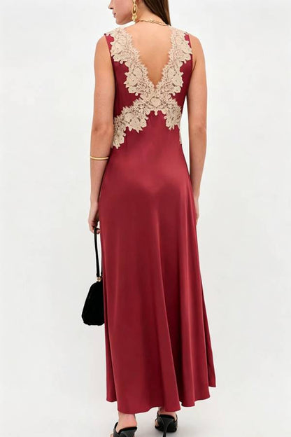A Little Sultry Satin Floral Lace Trim V-neck Sleeveless Drape Maxi Dress