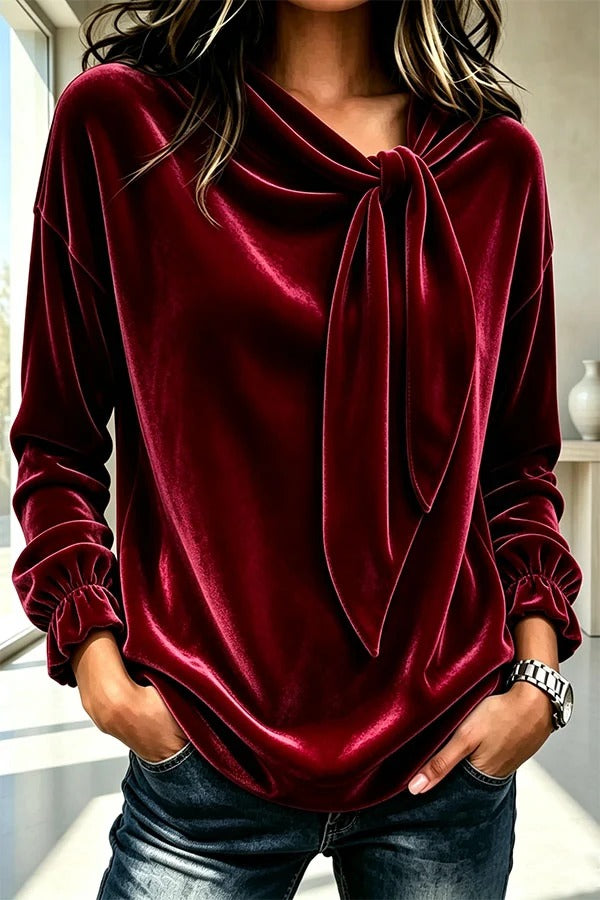 Celeste Velvet Flowing Blouse with Bow Detail