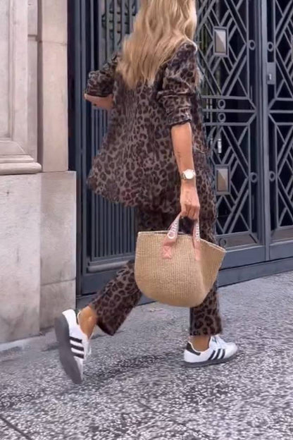 Retro wild leopard print suit cropped pants two-piece suit