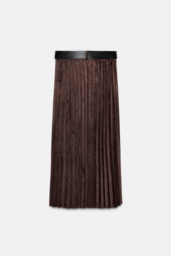 SUEDE EFFECT PLEATED MIDI SKIRT