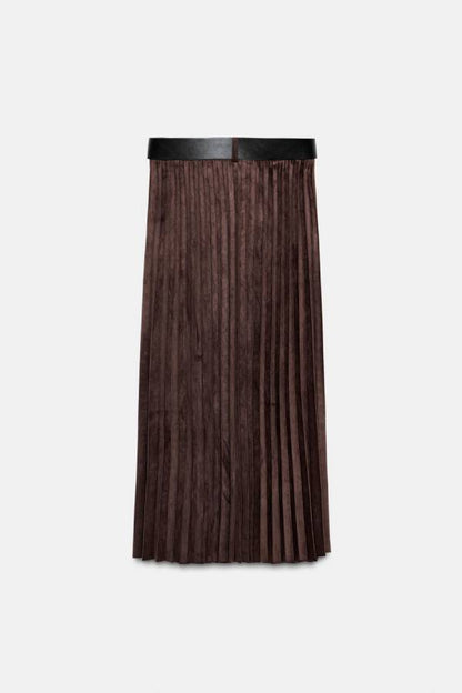 SUEDE EFFECT PLEATED MIDI SKIRT