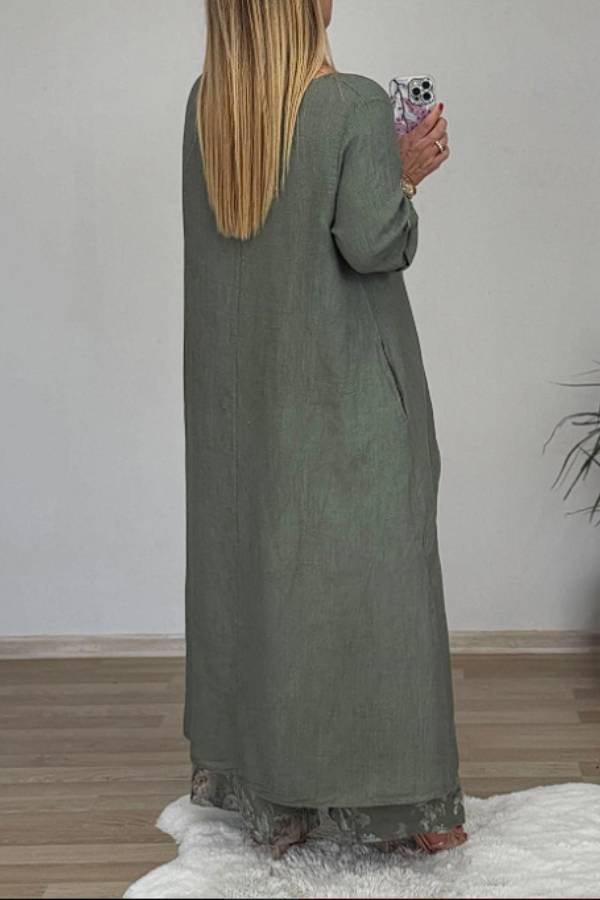 Irregular Linen Tunic & Vintage Floral Wide Leg Pant 2-Piece Set