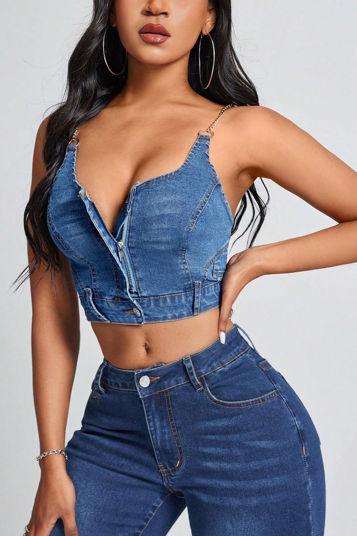 Denim Spaghetti Strap Deep V Crop Top