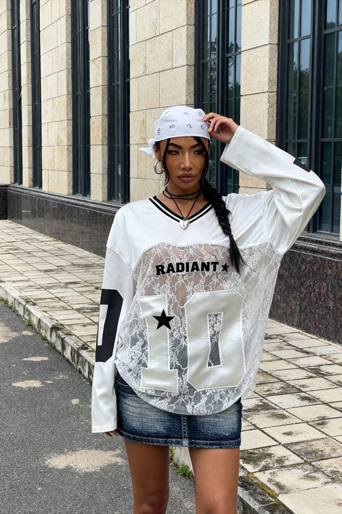 Lace Sheer V Neck Print Sweatshirt