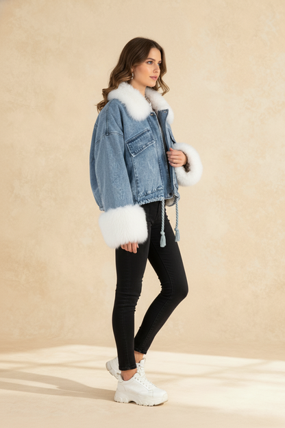 Autumn Winter Warm Faux Fur Short Denim Thicken Ladies Fashion Jackets