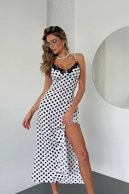 Lace Trim V-Neck Polka Cami Slit Fit Lace Dress