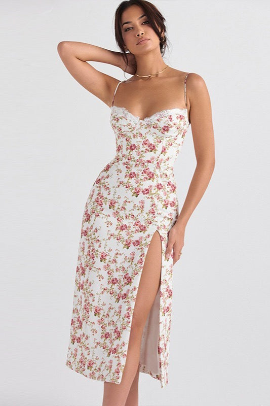 Lace Strap Slit Slim Maxi Floral Dress
