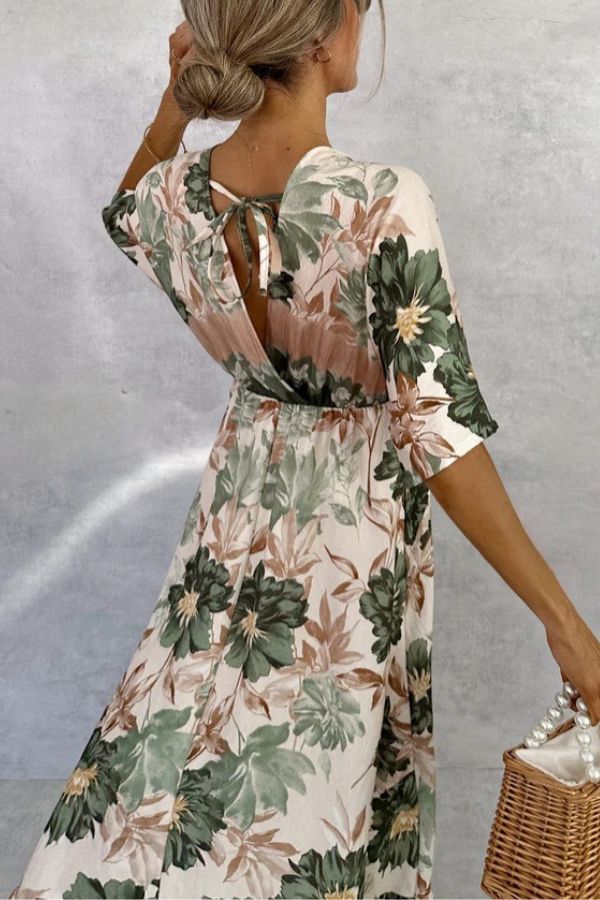 Retro V-neck Printed Short-sleeved Waist-length Maxi Dress