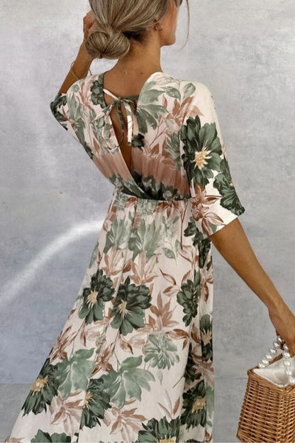 Retro V-neck Printed Short-sleeved Waist-length Maxi Dress