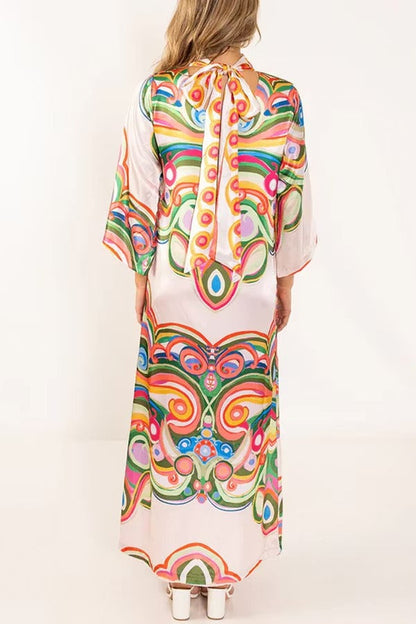 Venice Satin Colorful Baroque Style Print High Neck Tie-up Half Bell Sleeve Maxi Dress