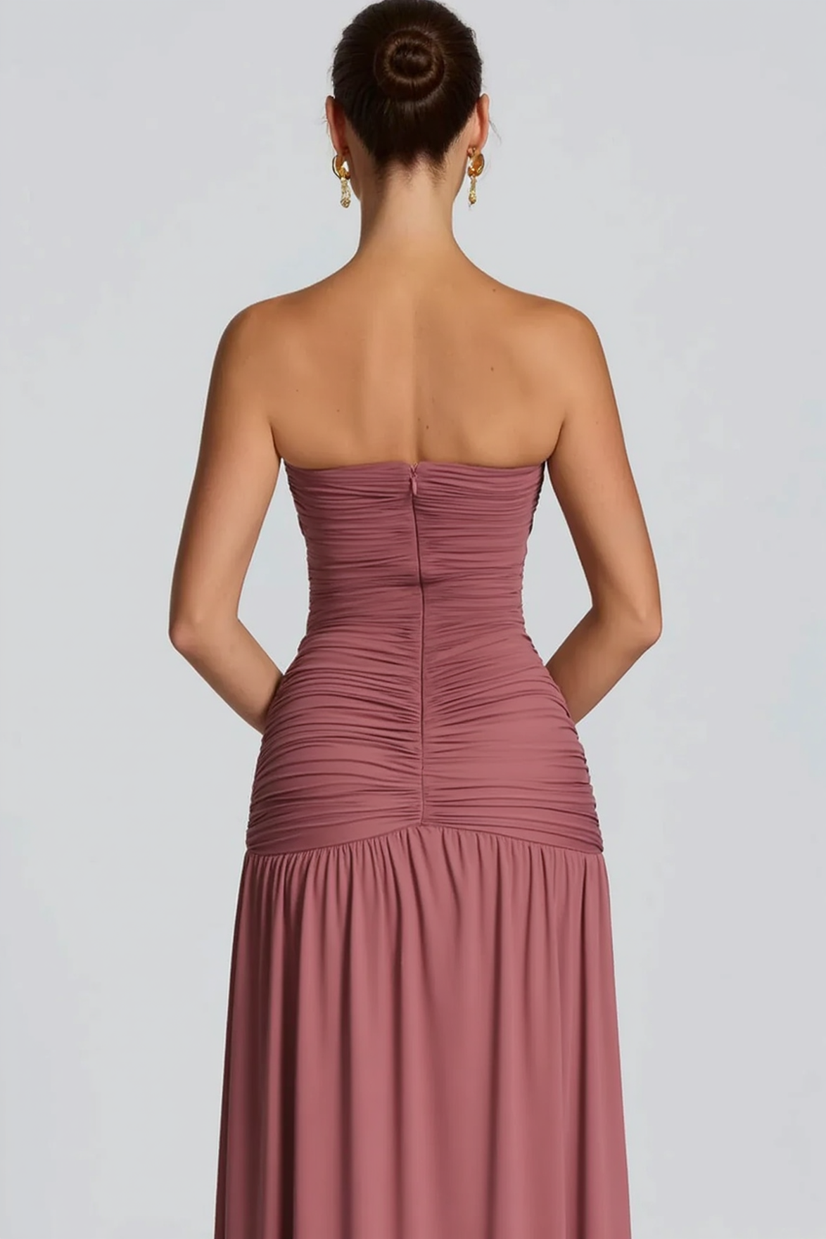 Solid Strapless High Slit Ruched Bodycon Party Dress