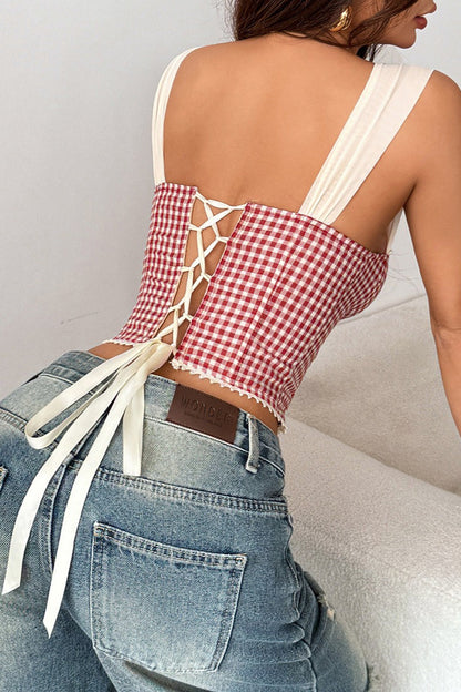 Red Plaid Boned Wide Strap Tank Top