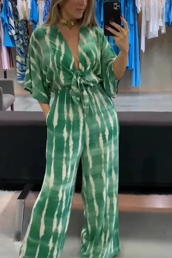Striped Print V-Neck Lace-Up Casual Wide-Leg Jumpsuit